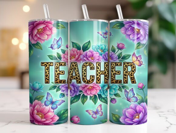 Floral Teacher Leopard Print Tumbler PNG: Graphics & Wraps