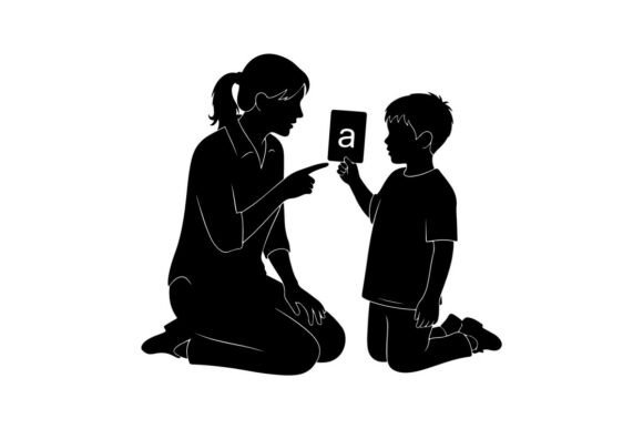 Teacher Helping Child Learn Alphabet Vec Graphics